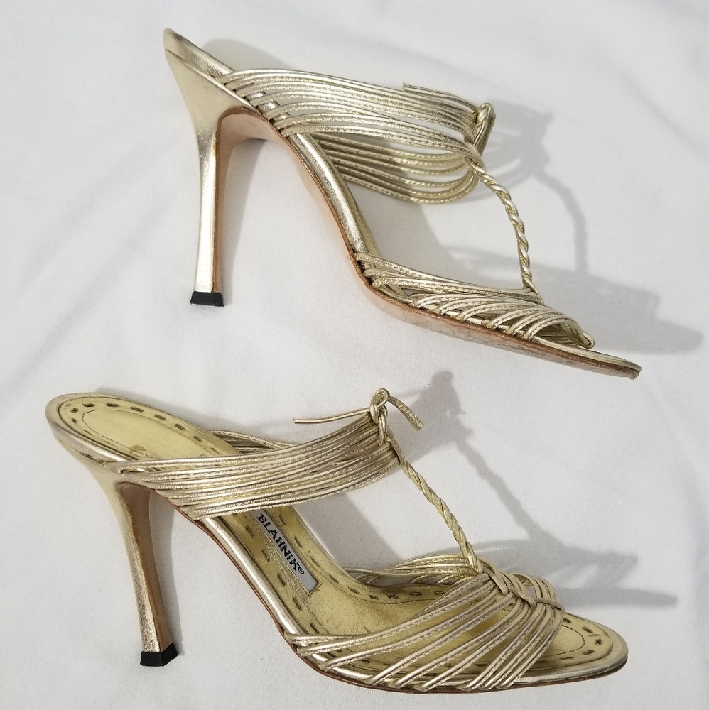 Manolo Blahnik | Gold Strappy Slide Sandals Sz 37